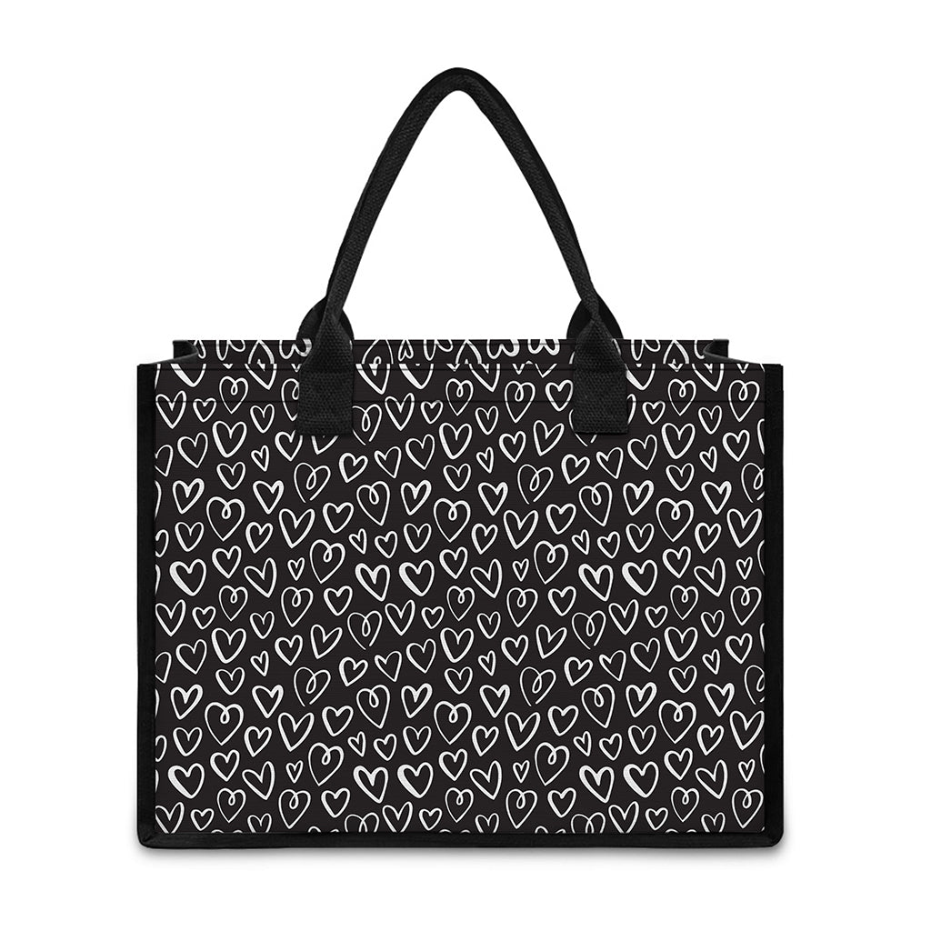 Cute Black And White Heart Pattern Print Canvas Tote Bag