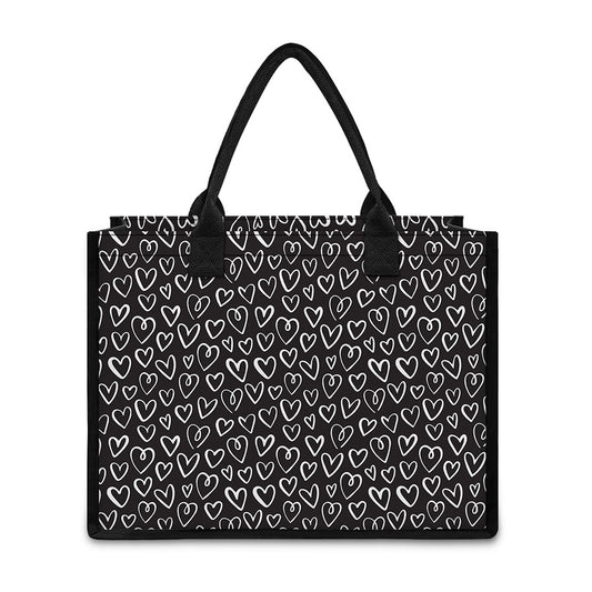 Cute Black And White Heart Pattern Print Canvas Tote Bag