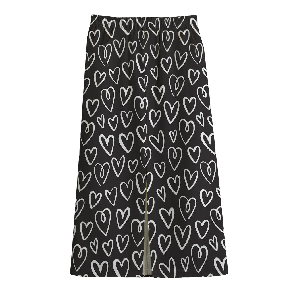 Cute Black And White Heart Pattern Print Cotton Front Slit Maxi Skirt