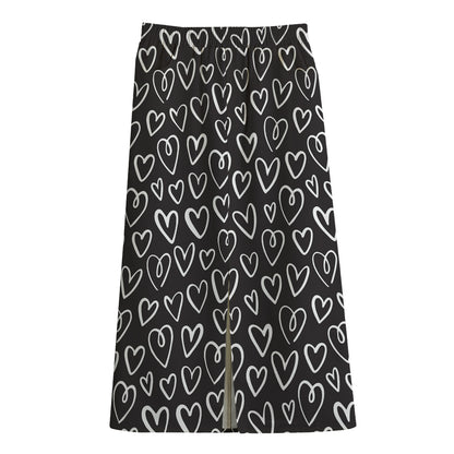 Cute Black And White Heart Pattern Print Cotton Front Slit Maxi Skirt