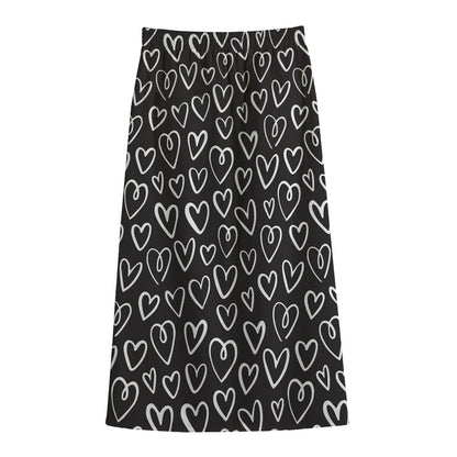 Cute Black And White Heart Pattern Print Cotton Front Slit Maxi Skirt