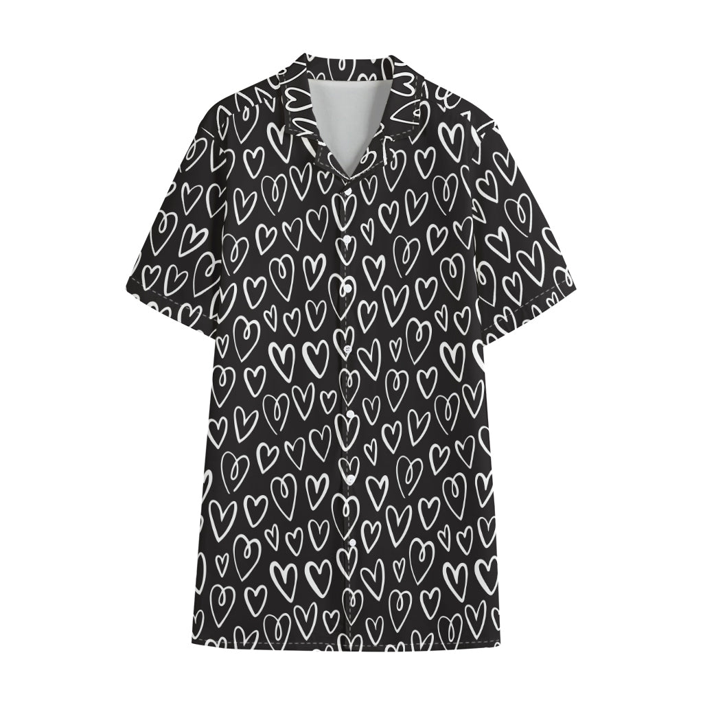 Cute Black And White Heart Pattern Print Cotton Hawaiian Shirt