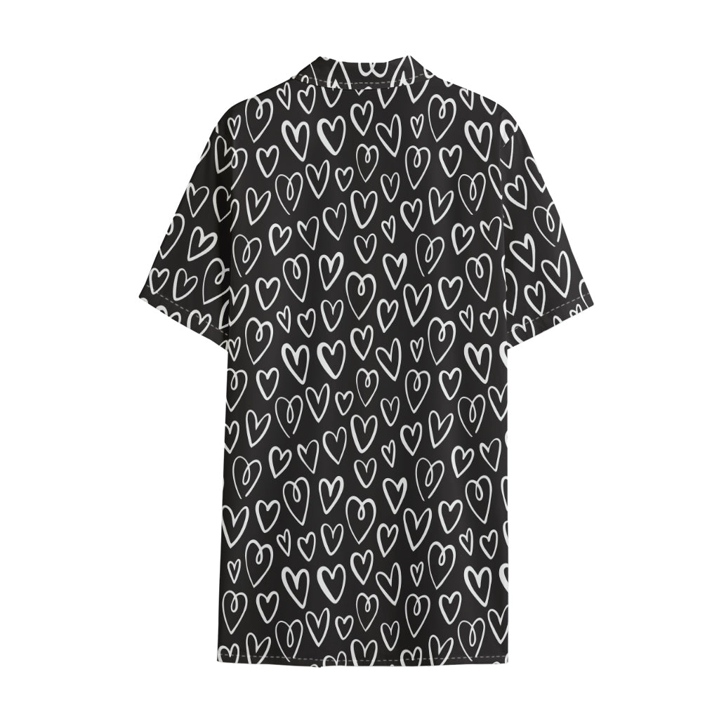 Cute Black And White Heart Pattern Print Cotton Hawaiian Shirt
