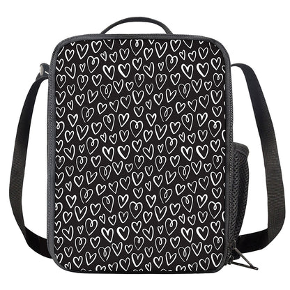 Cute Black And White Heart Pattern Print Crossbody Lunch Bag