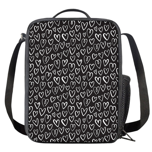Cute Black And White Heart Pattern Print Crossbody Lunch Bag