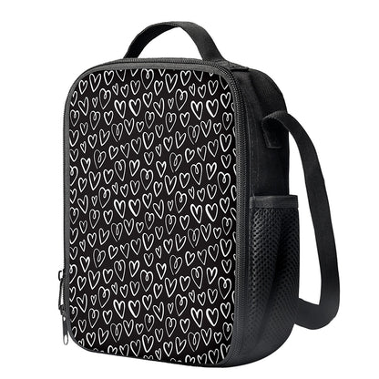 Cute Black And White Heart Pattern Print Crossbody Lunch Bag