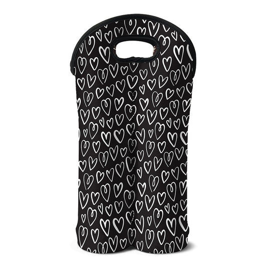 Cute Black And White Heart Pattern Print Double Neoprene Wine Tote
