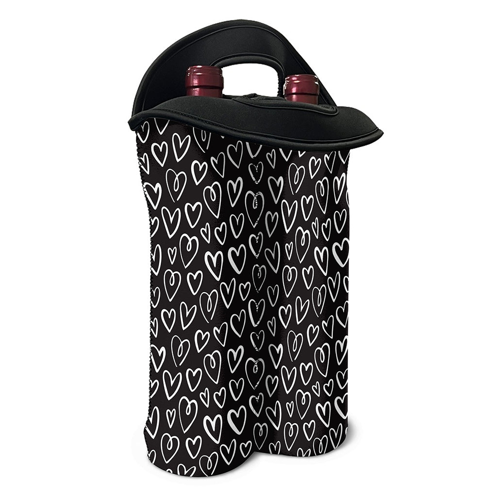 Cute Black And White Heart Pattern Print Double Neoprene Wine Tote