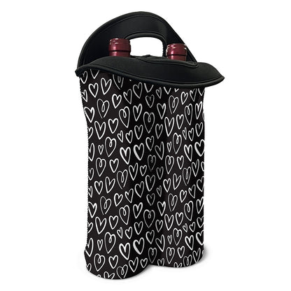 Cute Black And White Heart Pattern Print Double Neoprene Wine Tote