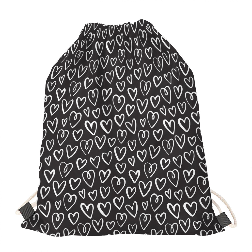 Cute Black And White Heart Pattern Print Drawstring Bag