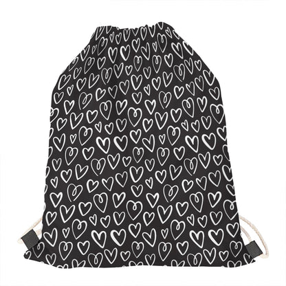 Cute Black And White Heart Pattern Print Drawstring Bag