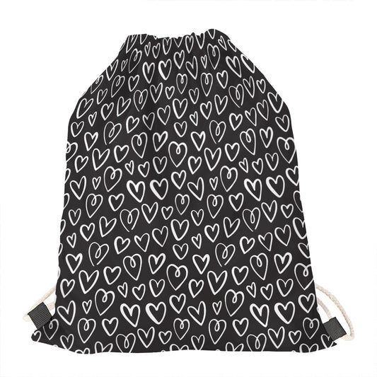 Cute Black And White Heart Pattern Print Drawstring Bag