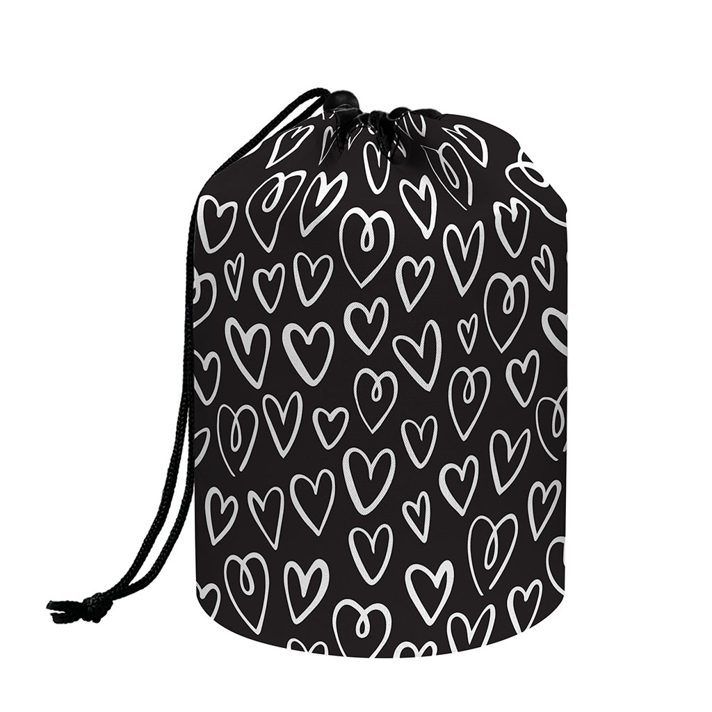 Cute Black And White Heart Pattern Print Drawstring Makeup Bag