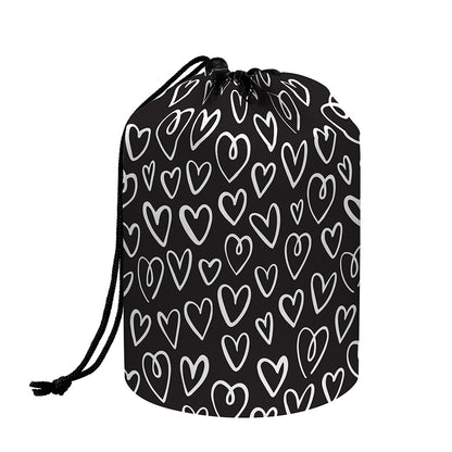 Cute Black And White Heart Pattern Print Drawstring Makeup Bag