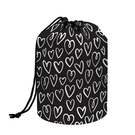 Cute Black And White Heart Pattern Print Drawstring Makeup Bag