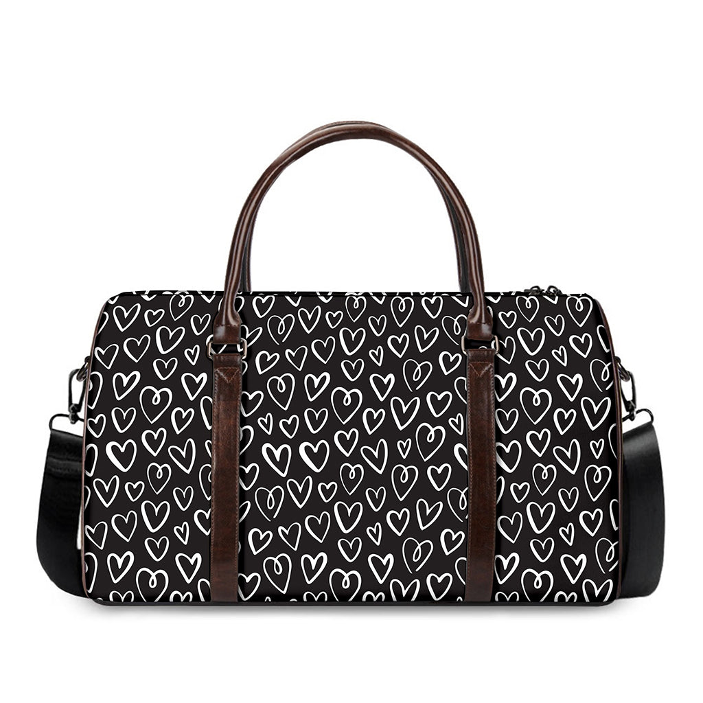Cute Black And White Heart Pattern Print Duffle Bag