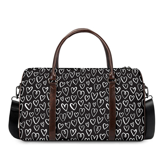 Cute Black And White Heart Pattern Print Duffle Bag