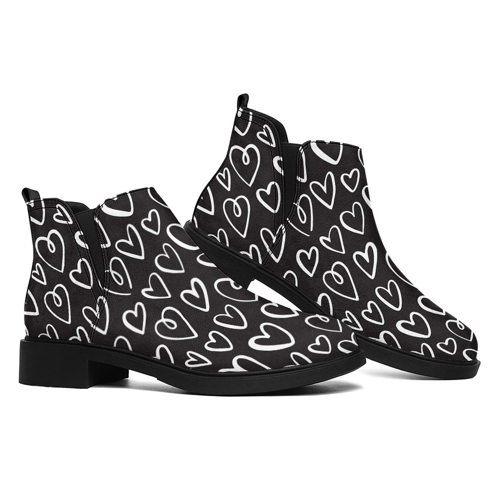 Cute Black And White Heart Pattern Print Flat Ankle Boots