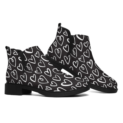 Cute Black And White Heart Pattern Print Flat Ankle Boots