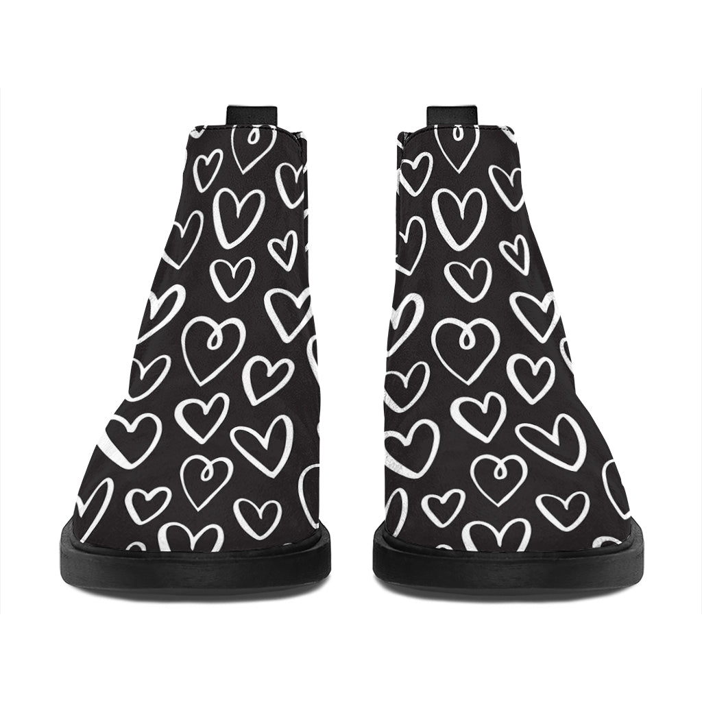 Cute Black And White Heart Pattern Print Flat Ankle Boots