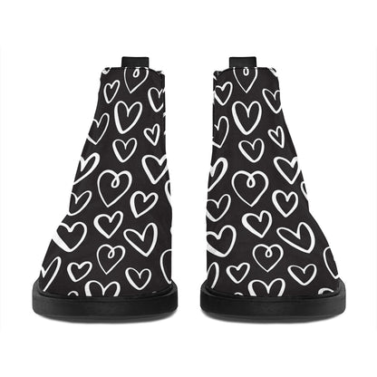 Cute Black And White Heart Pattern Print Flat Ankle Boots
