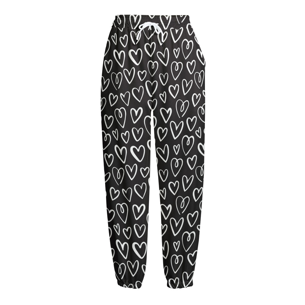 Cute Black And White Heart Pattern Print Fleece Lined Knit Pants