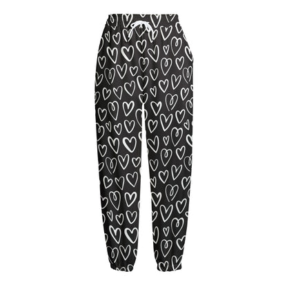 Cute Black And White Heart Pattern Print Fleece Lined Knit Pants