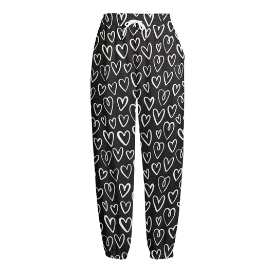 Cute Black And White Heart Pattern Print Fleece Lined Knit Pants