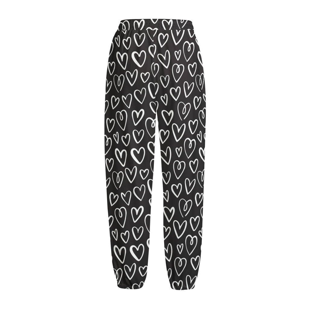 Cute Black And White Heart Pattern Print Fleece Lined Knit Pants