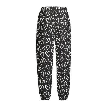 Cute Black And White Heart Pattern Print Fleece Lined Knit Pants