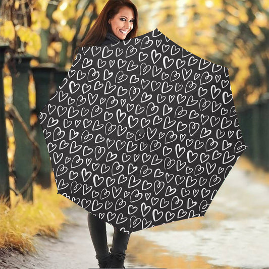 Cute Black And White Heart Pattern Print Foldable Umbrella