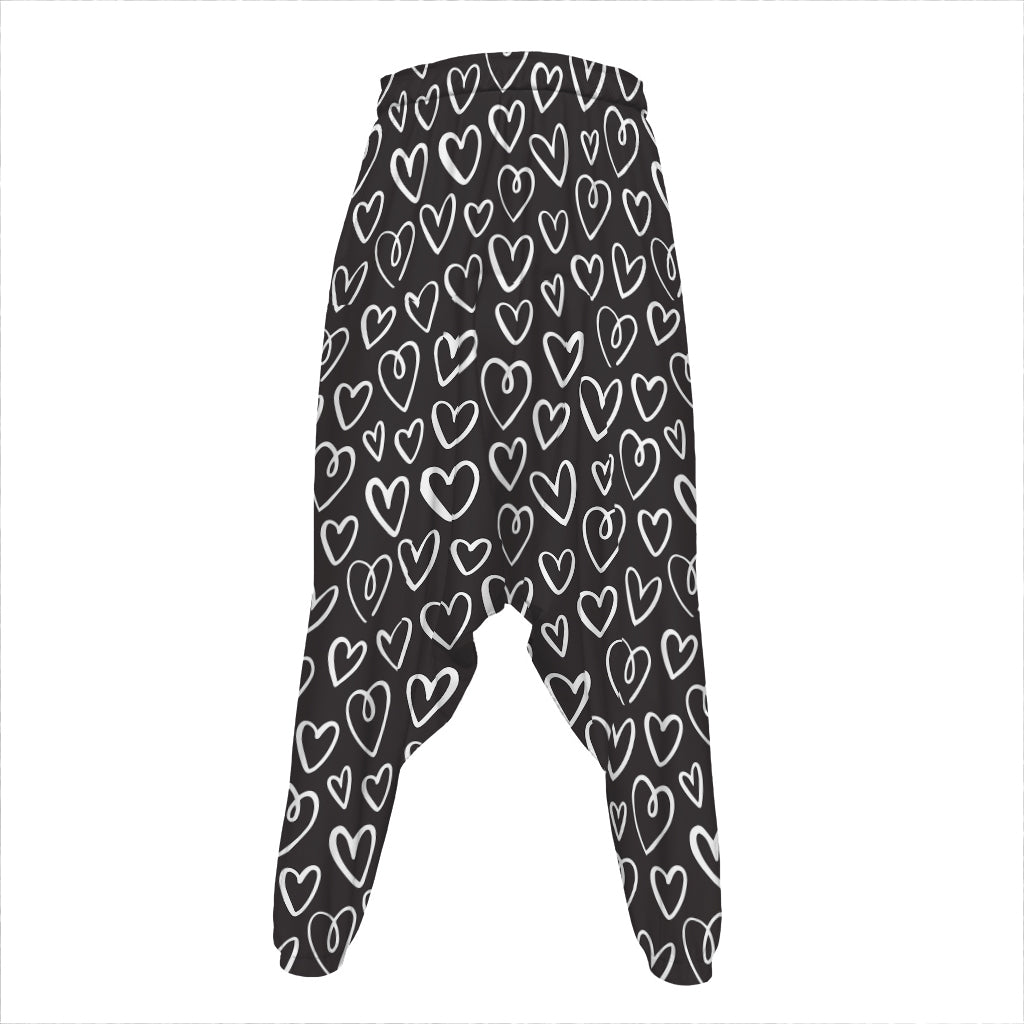 Cute Black And White Heart Pattern Print Hammer Pants
