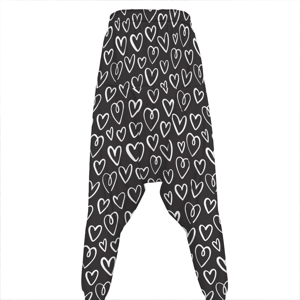 Cute Black And White Heart Pattern Print Hammer Pants