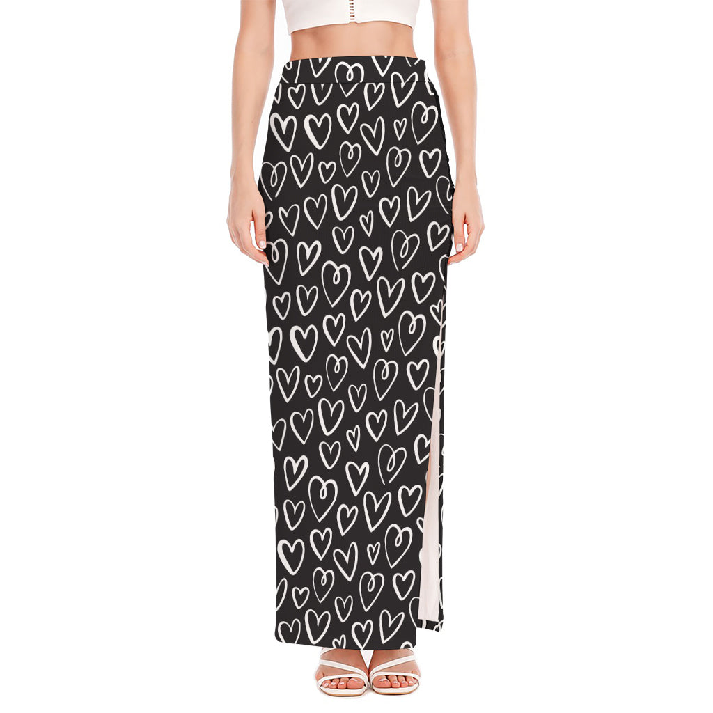 Cute Black And White Heart Pattern Print High Slit Maxi Skirt