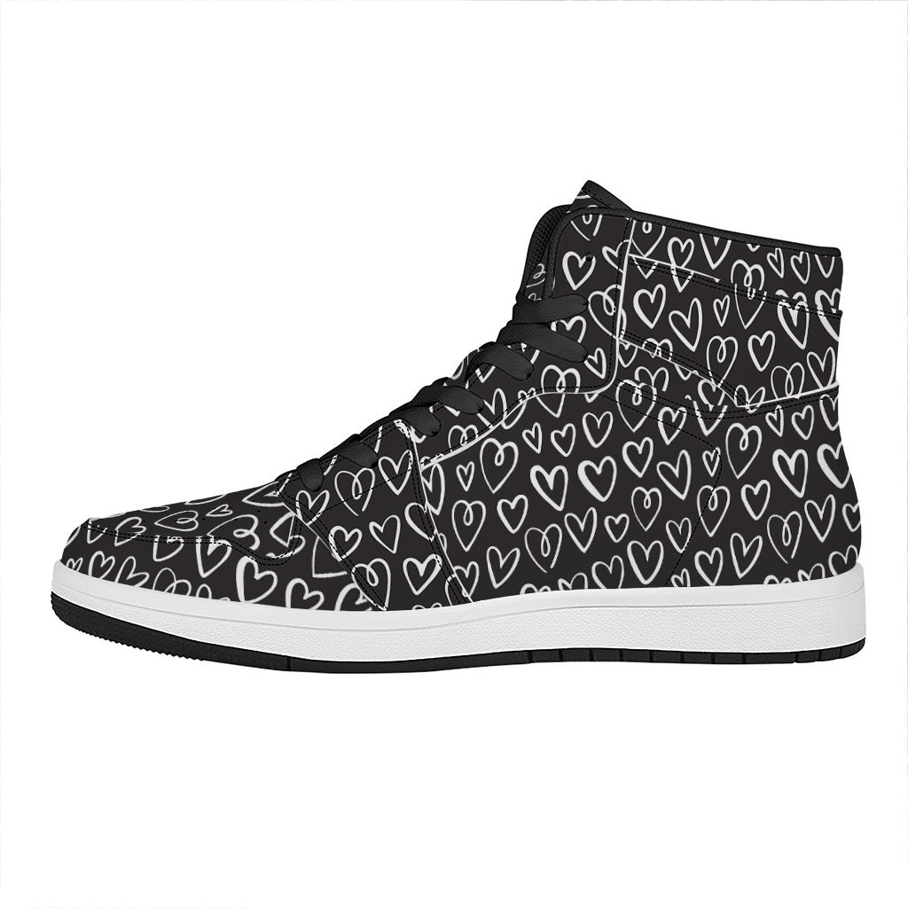 Cute Black And White Heart Pattern Print High Top Leather Sneakers