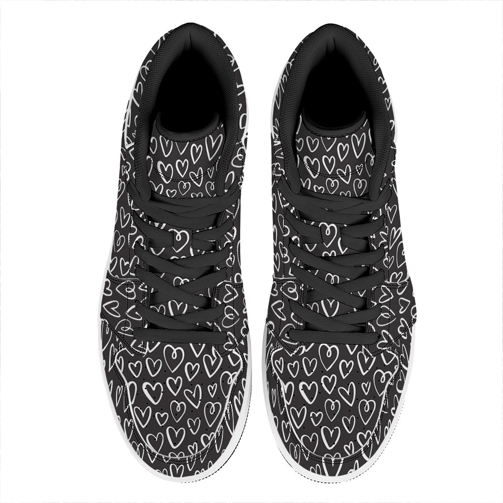 Cute Black And White Heart Pattern Print High Top Leather Sneakers