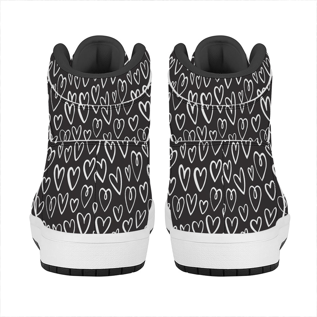 Cute Black And White Heart Pattern Print High Top Leather Sneakers