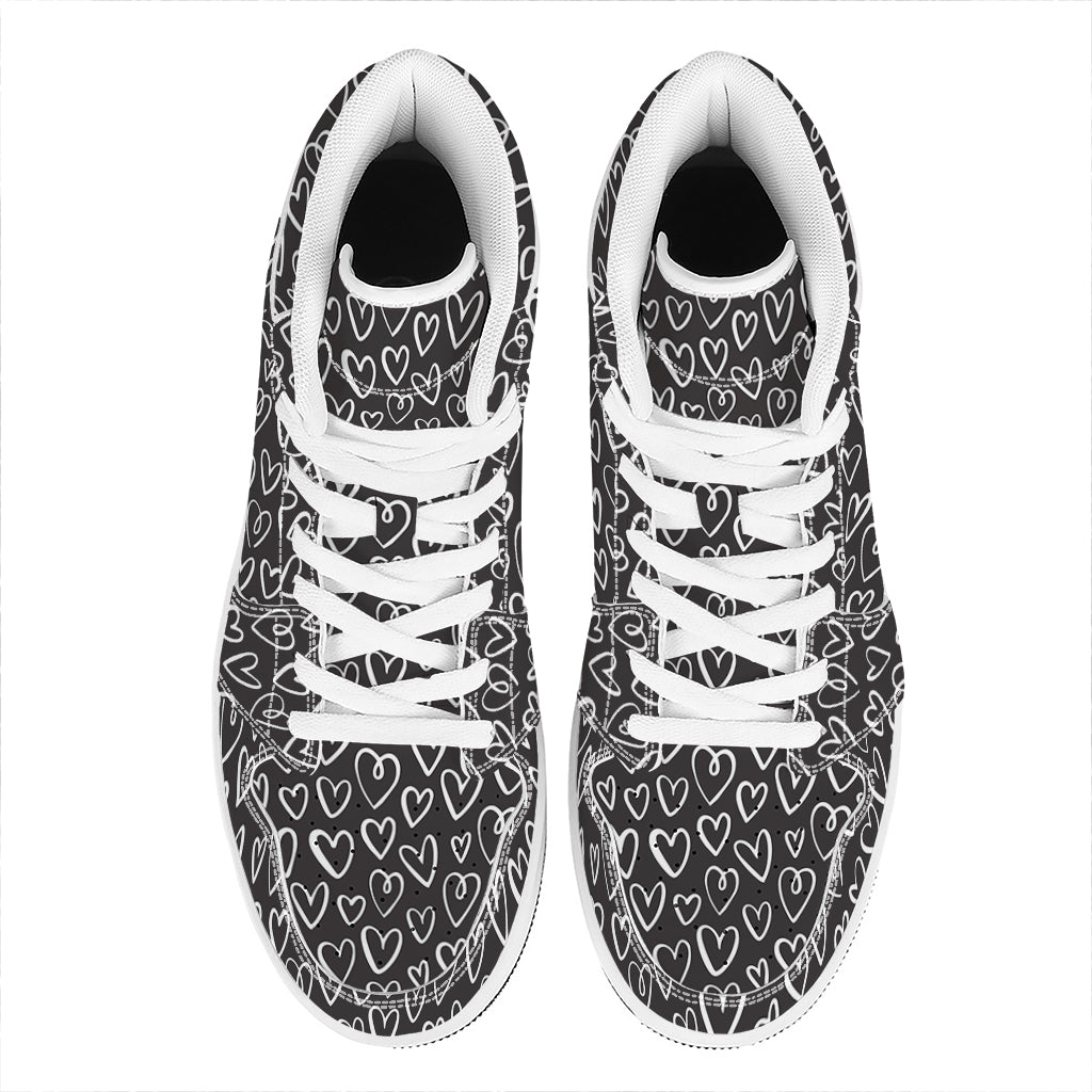 Cute Black And White Heart Pattern Print High Top Leather Sneakers