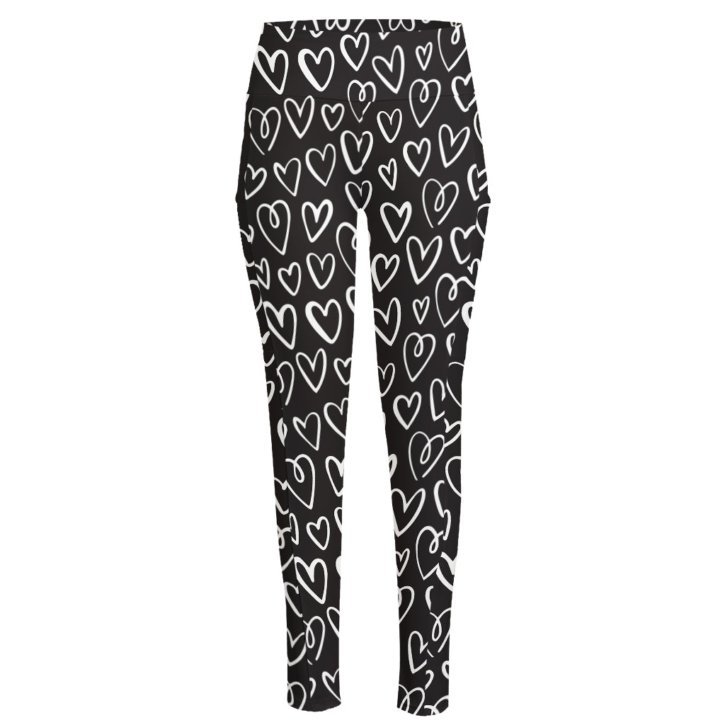 Cute Black And White Heart Pattern Print High-Waisted Pocket Leggings
