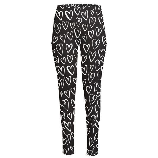 Cute Black And White Heart Pattern Print High-Waisted Pocket Leggings