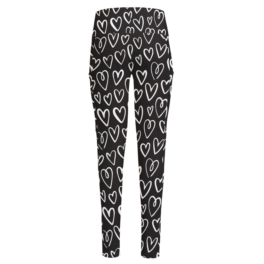 Cute Black And White Heart Pattern Print High-Waisted Pocket Leggings