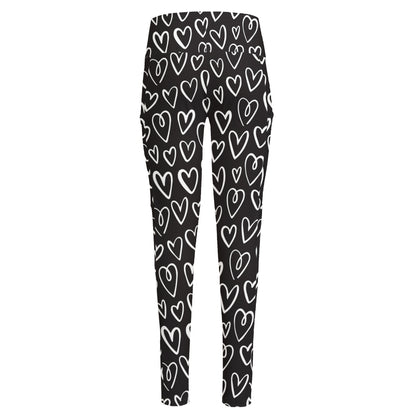 Cute Black And White Heart Pattern Print High-Waisted Pocket Leggings