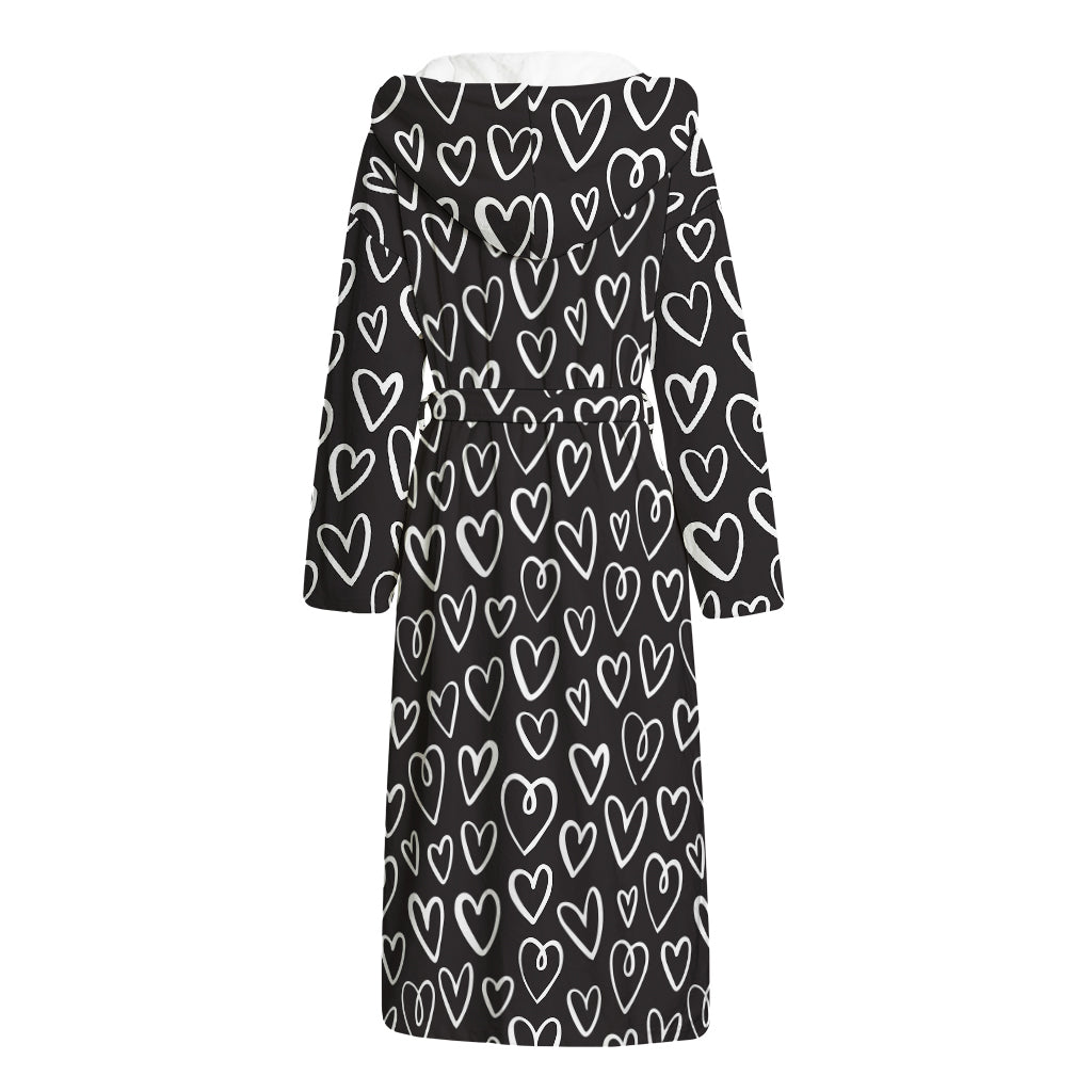 Cute Black And White Heart Pattern Print Hooded Bathrobe
