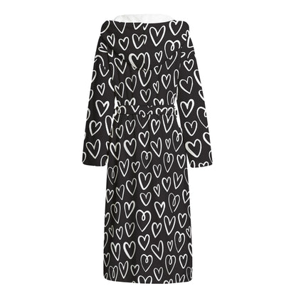 Cute Black And White Heart Pattern Print Hooded Bathrobe