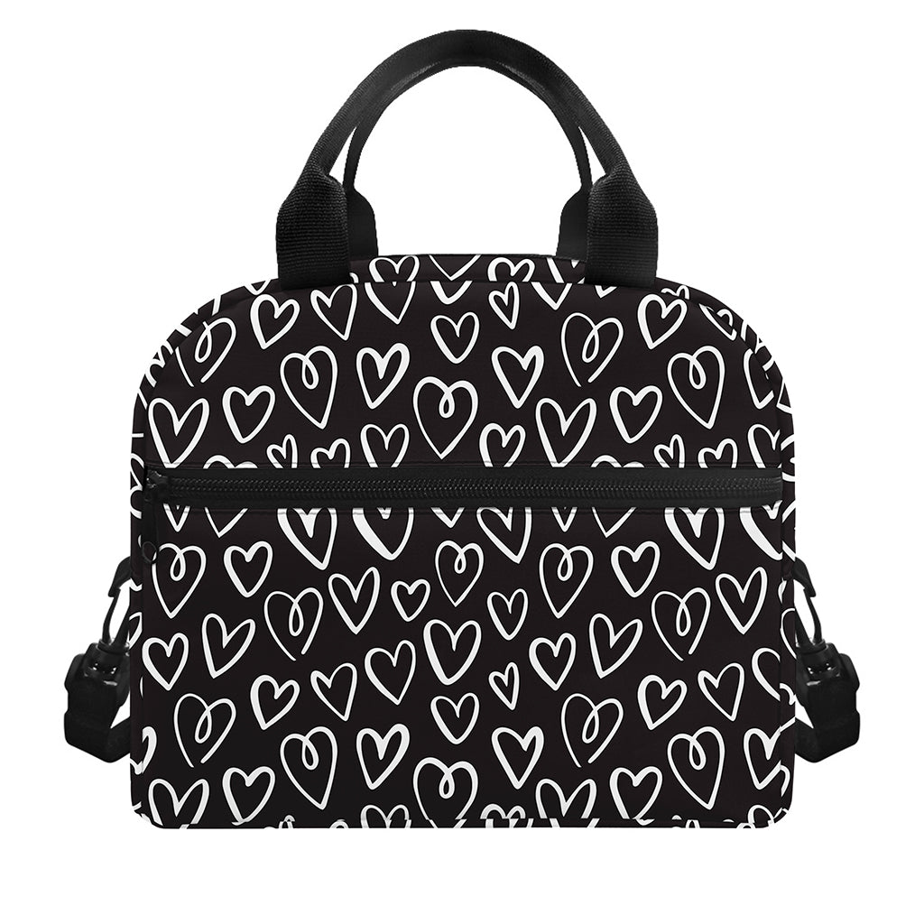 Cute Black And White Heart Pattern Print Insulated Lunch Bag