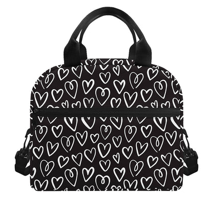 Cute Black And White Heart Pattern Print Insulated Lunch Bag