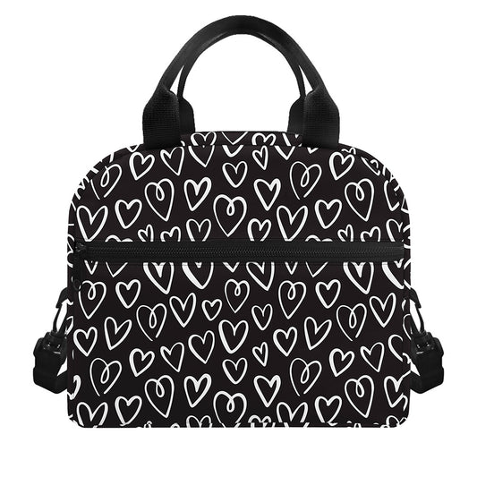 Cute Black And White Heart Pattern Print Insulated Lunch Bag