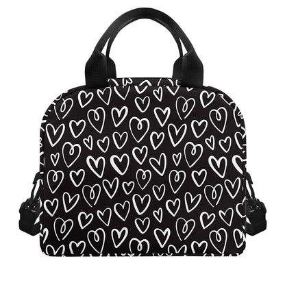 Cute Black And White Heart Pattern Print Insulated Lunch Bag
