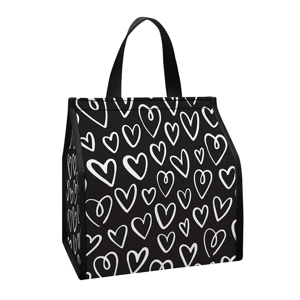 Cute Black And White Heart Pattern Print Insulated Lunch Tote