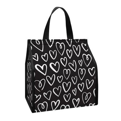 Cute Black And White Heart Pattern Print Insulated Lunch Tote